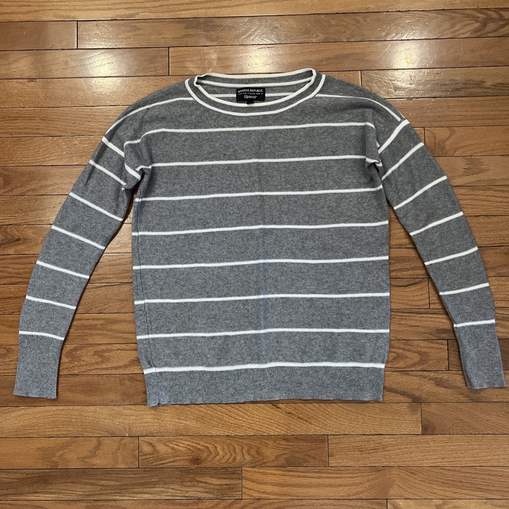 Banana Republic Sweater Mens Small Merino Wool Cashmere Gray Striped Crewneck